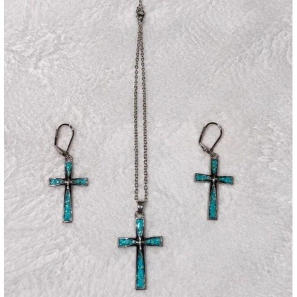 Turquoise Cross Necklace & Earrings Jewelry Set Stainless Steel Chain